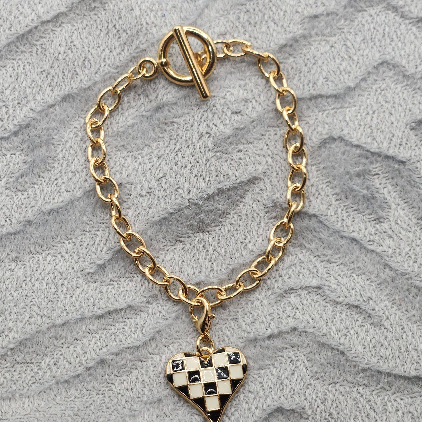 Black & White Checker Heart Charm Bracelet